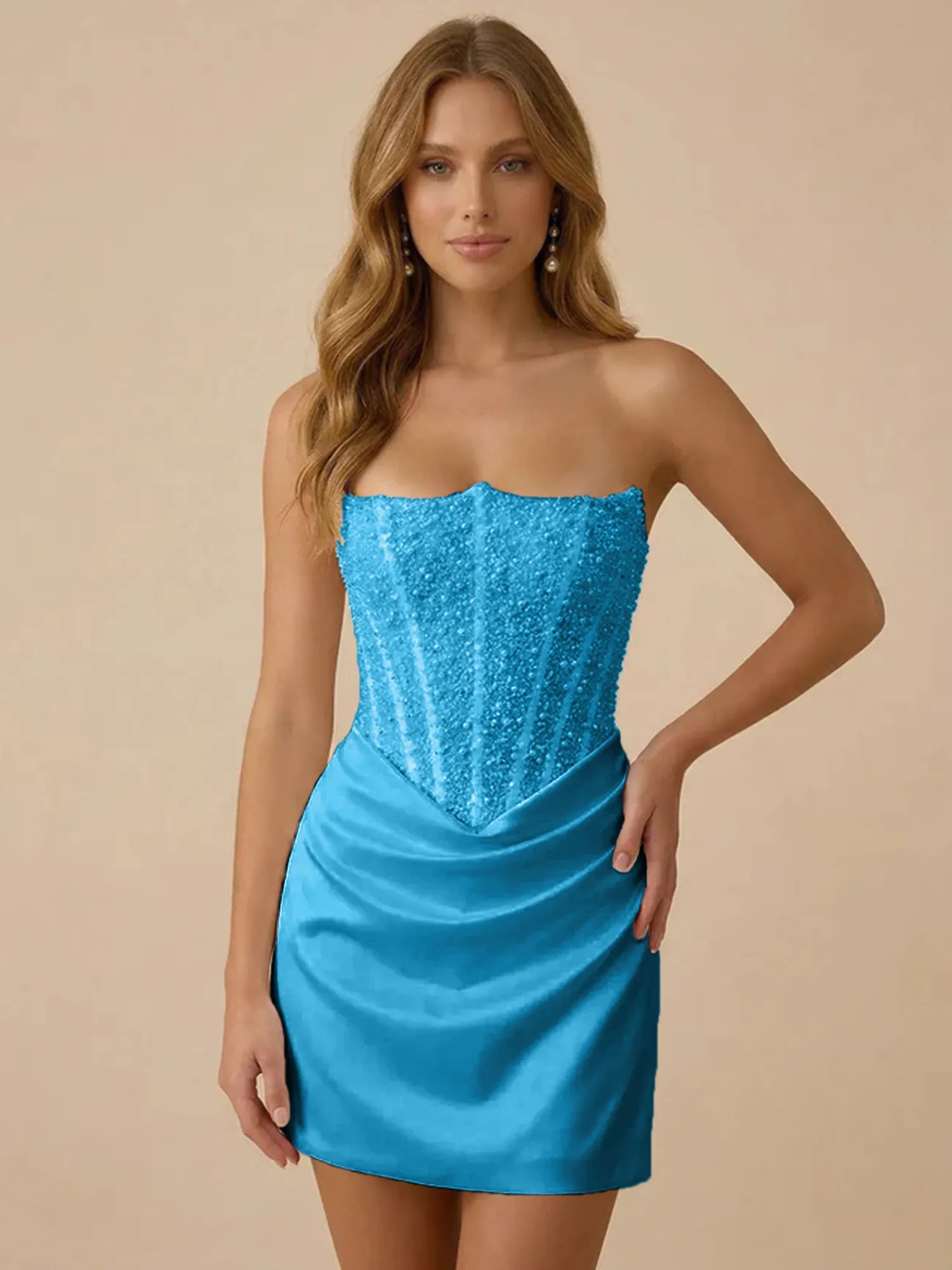 White Strapless Sequin Beaded Satin Short Homecoming Dress with Corset