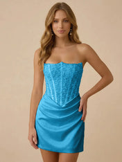 White Strapless Sequin Beaded Satin Short Homecoming Dress with Corset