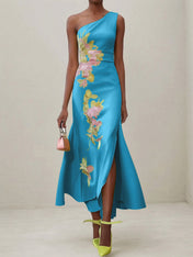 Green Floral One Shoulder Embroidered Cap Sleeve Slit Sheath Maxi Dress
