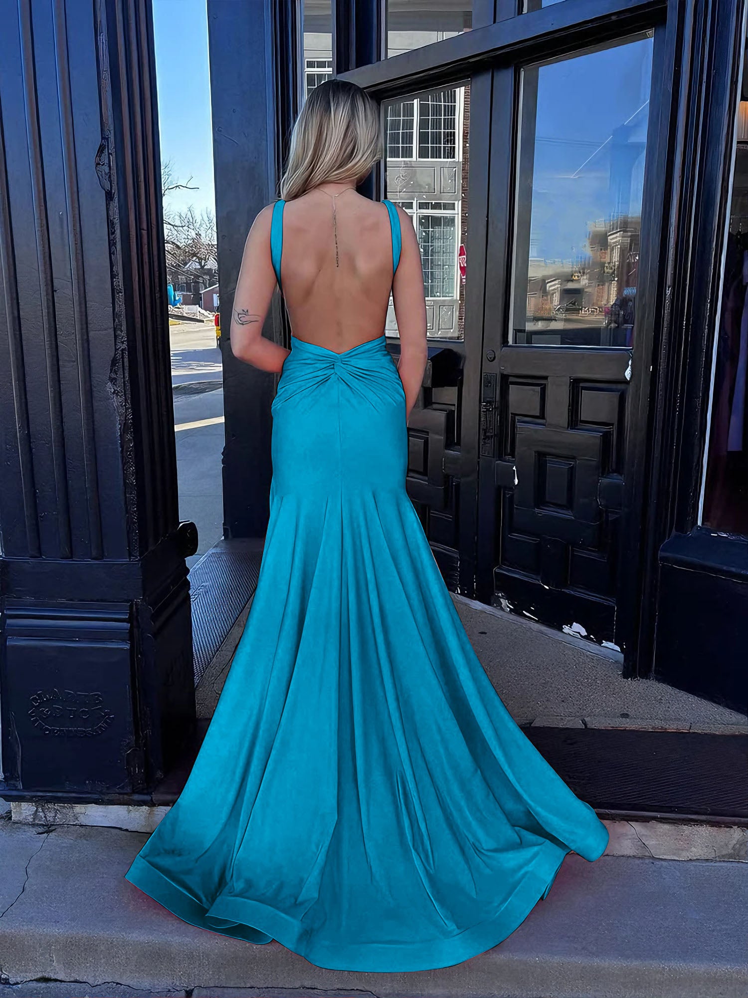 Coral Plunging V-Neck Sheath Prom Dress with Slit