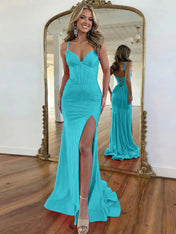 Hot Pink Lace-Up Back Corset Shimmer Prom Dresses with Slit