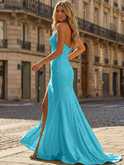 Yellow Beaded Halter Corset Prom Dress with High Slit