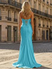 Yellow Beaded Halter Corset Prom Dress with High Slit