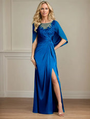 Sheath/Column Satin Scoop Neck Cap Sleeves Floor Length Mother Of The Bride Dresses