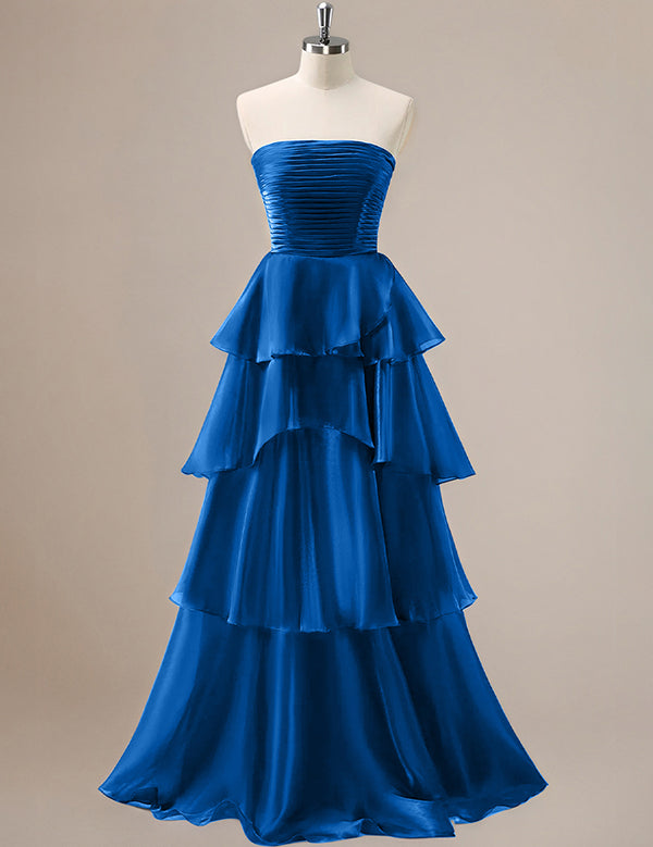 Red A Line Strapless Pleated Tiered Floor Length Ruffle Bridesmaid Dress
