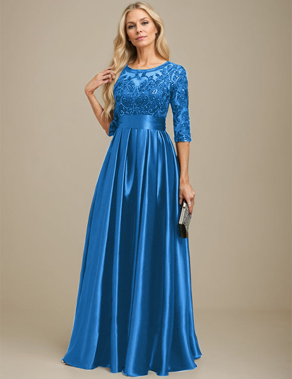 A-line Scoop Illusion Floor-Length Stretch Satin Lace Mother of the Bride Dress With Bow Sequins