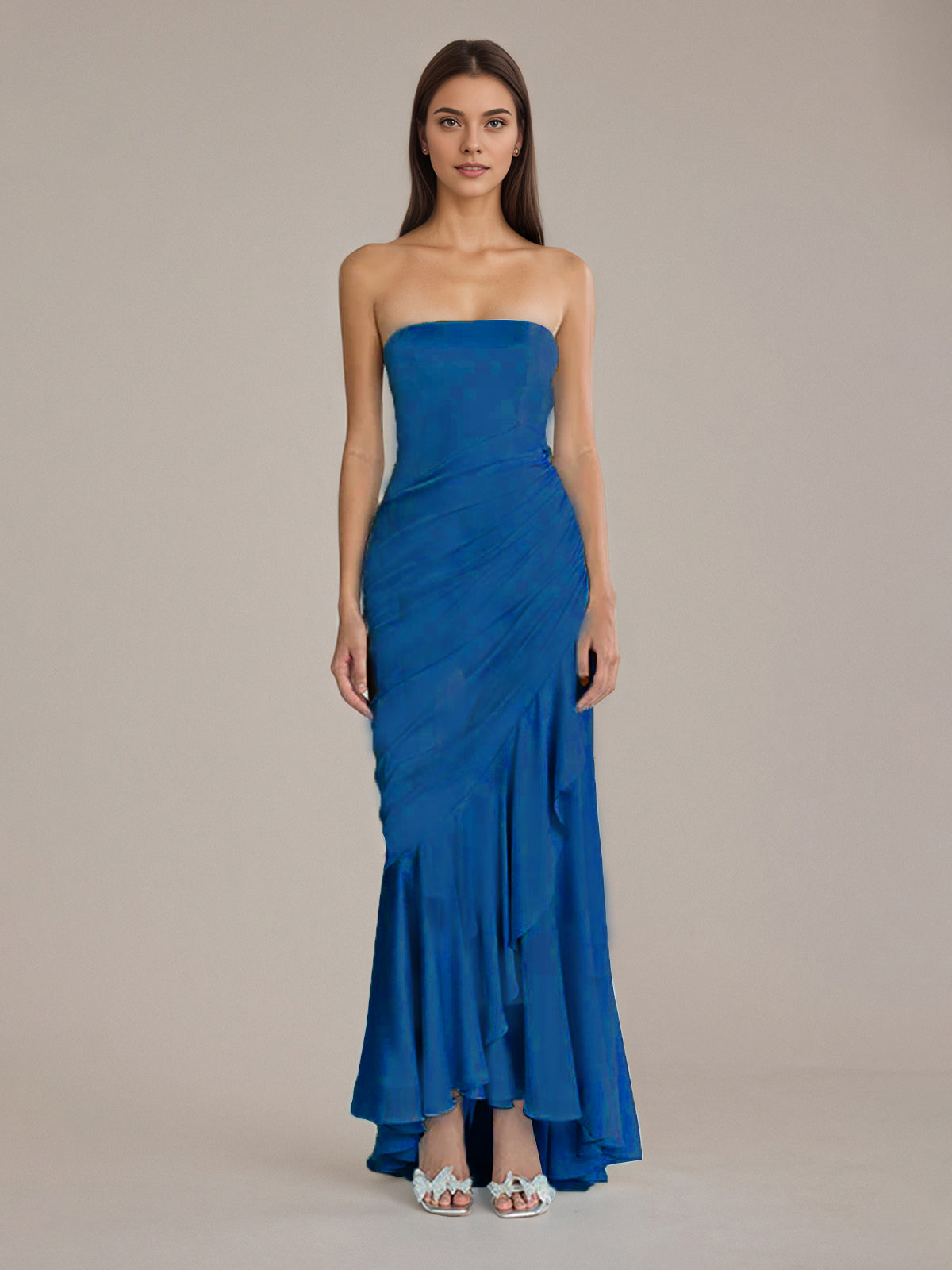 Column Satin Off The Shoulder Sleeveless Floor Length Dresses With Ruffles