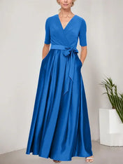Surplice Neckline Ballgown with Full Satin Skirt & Jersey Bodice