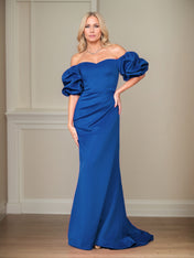 Satin Sheath/Column Off The Shoulder Puff Sleeves Floor Length Mother of the Bride Dresses