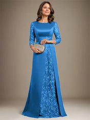 A-Line Scoop Floor-Length Lace Satin Mother Of the Bride Dress With Applique