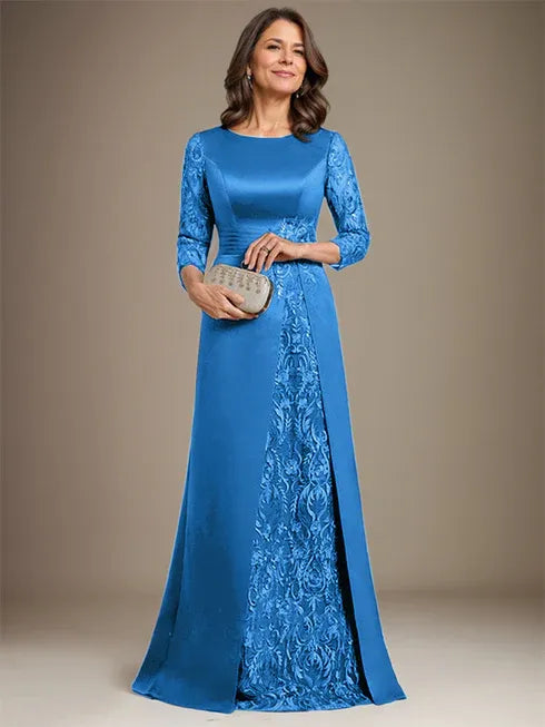 Robe de mère de la mariée en satin et dentelle, coupe trapèze, longueur au sol, avec appliques 