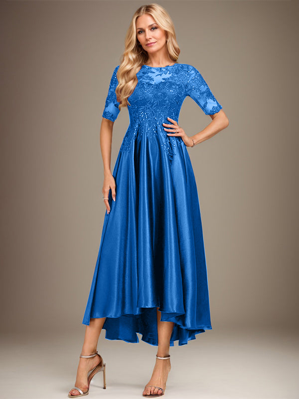 A-line Scoop Illusion Asymmetrical Stretch Satin Lace Mother of the Bride Dress With Sequins
