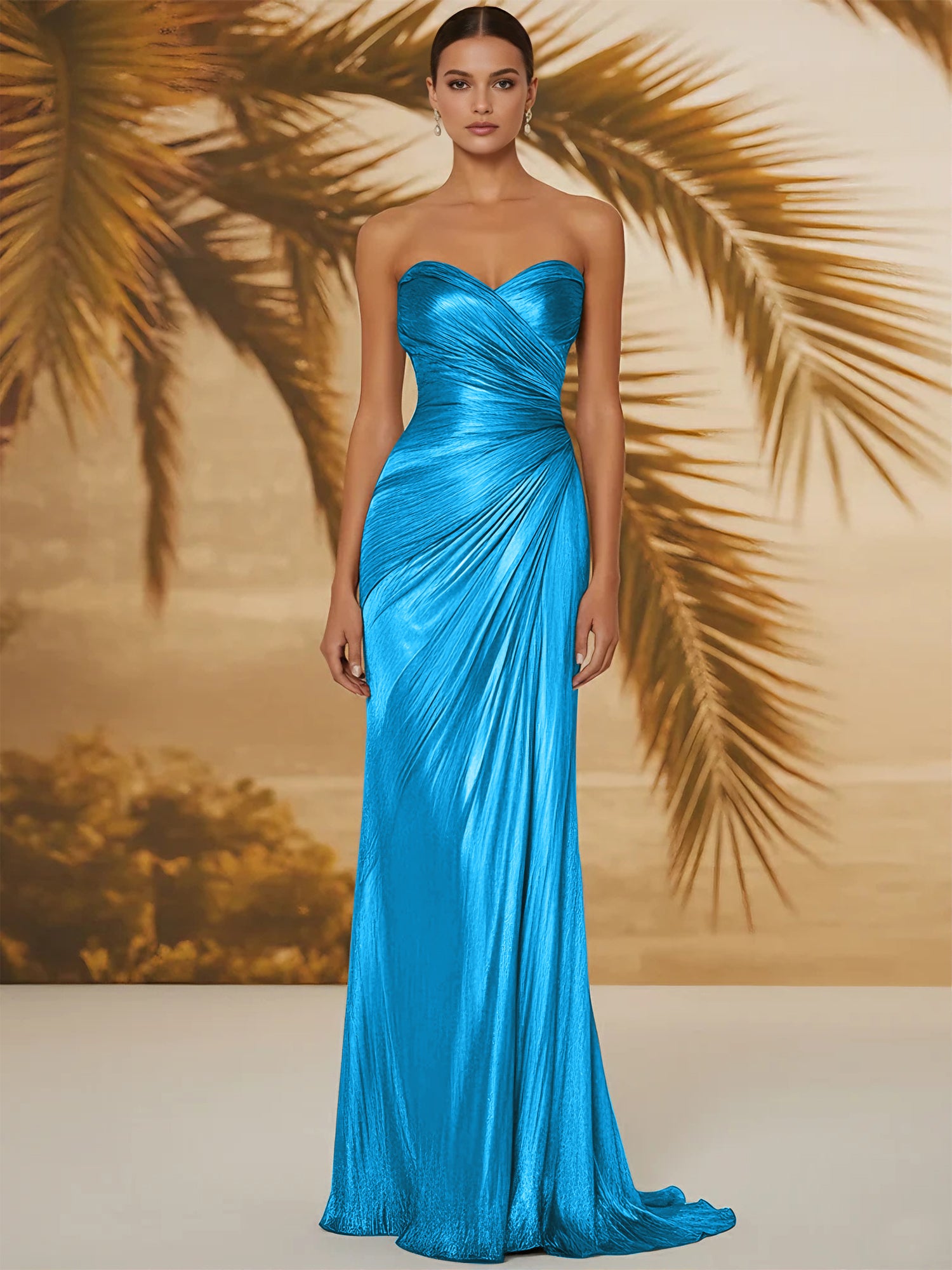 Evening Formal Dress V Neck Silk Ruffles Strapless Maxi Dress