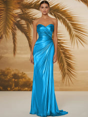 Evening Formal Dress V Neck Silk Ruffles Strapless Maxi Dress