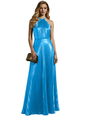 Luxurious Champagne-Gold Pleated Halter Long Prom Dress