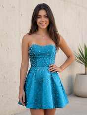 Baby Blue All Over Pearl Strapless Satin A-Line Mini Homecoming Dresses