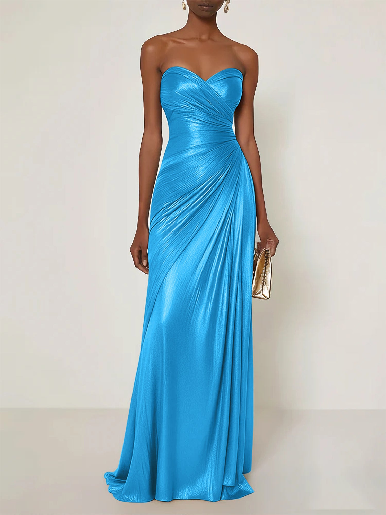 Evening Formal Dress V Neck Silver Silk Ruffles Strapless Maxi Dress