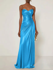 Evening Formal Dress V Neck Silver Silk Ruffles Strapless Maxi Dress
