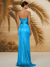 Evening Formal Dress V Neck Silk Ruffles Strapless Maxi Dress