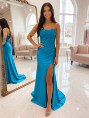Romantic Pink Satin Corset Slit Prom Dress with Beaded Bodice