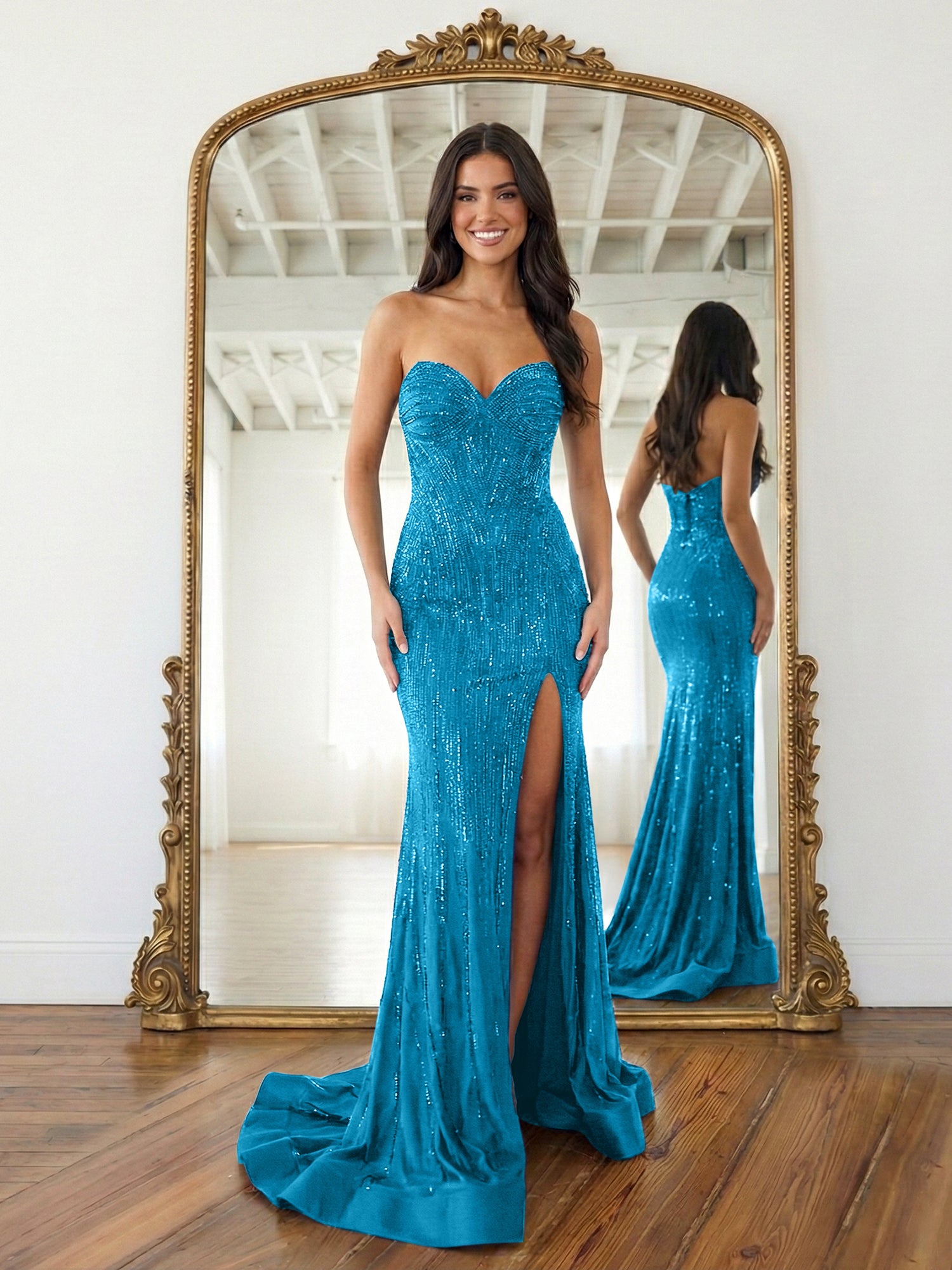 Navy Blue Strapless Sequin Prom Dress with Linear Beading