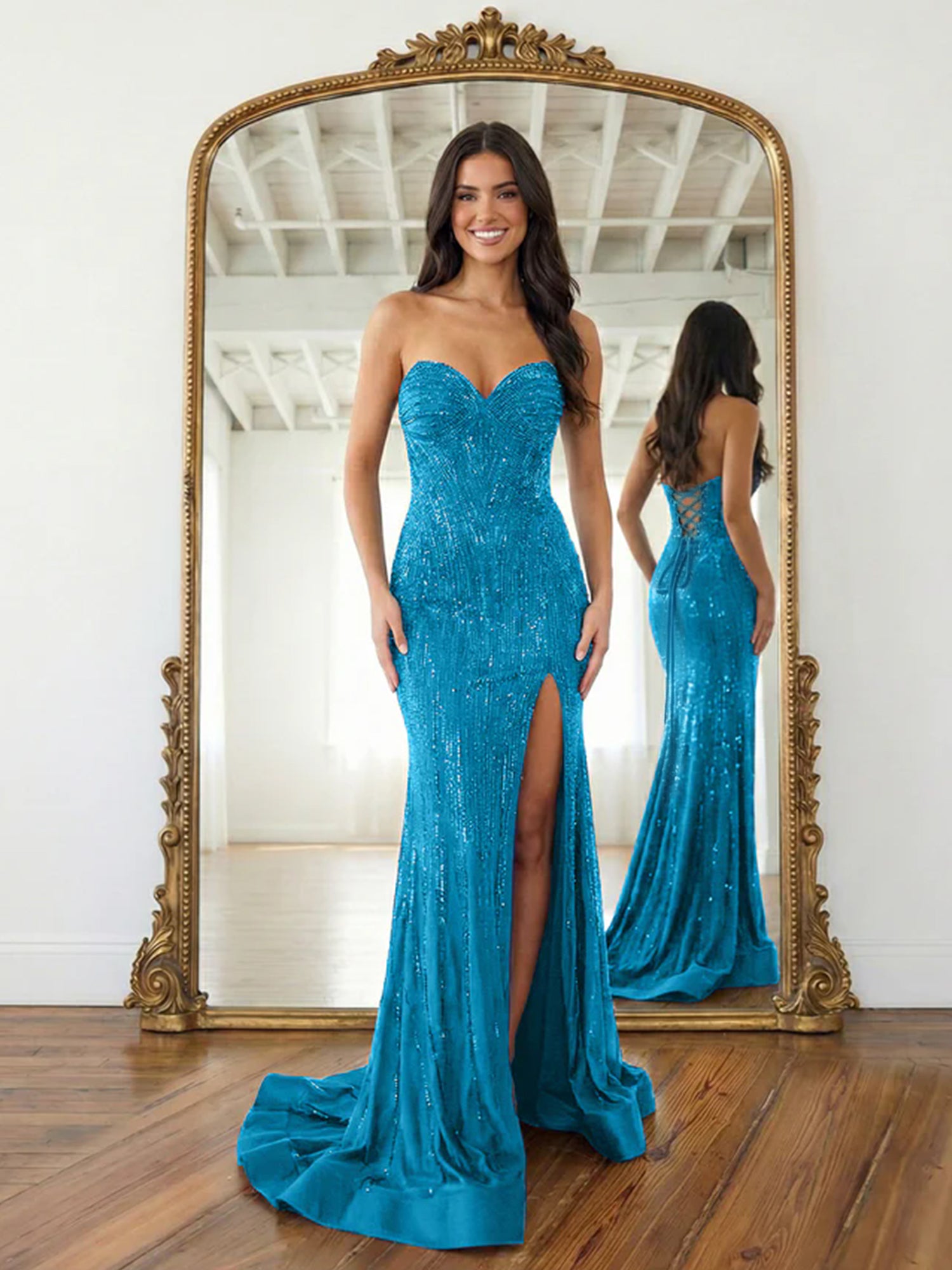Navy Blue Strapless Sequin Prom Dress with Linear Beading