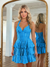 Halter Neck Pearl Beaded Tiered Short Homecoming Dresses