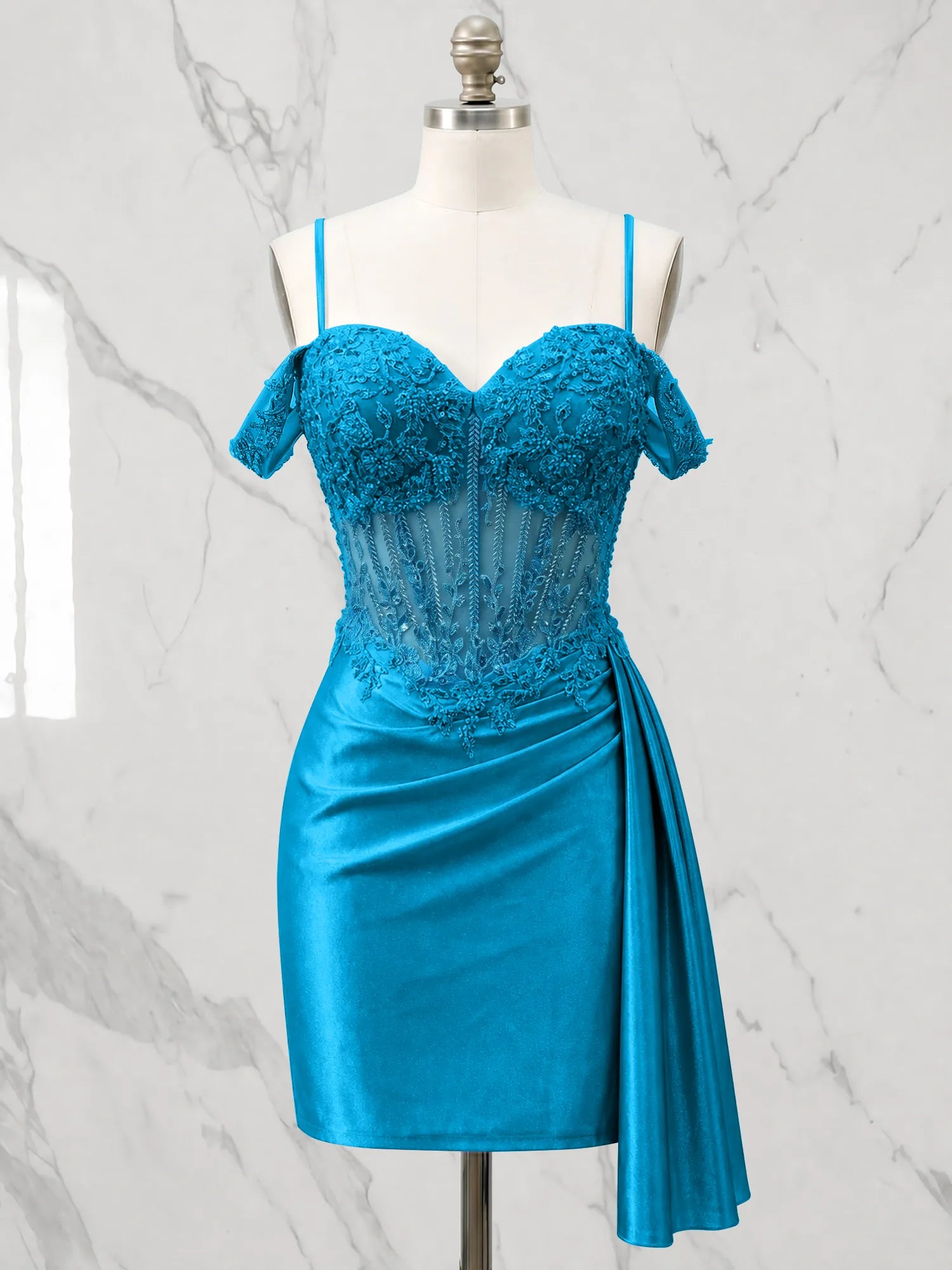 Sweetheart Sheer Corset Mini Dress with Cascading Side Drape Homecoming Dresses