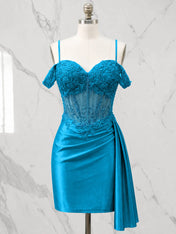 Sweetheart Sheer Corset Mini Dress with Cascading Side Drape Homecoming Dresses