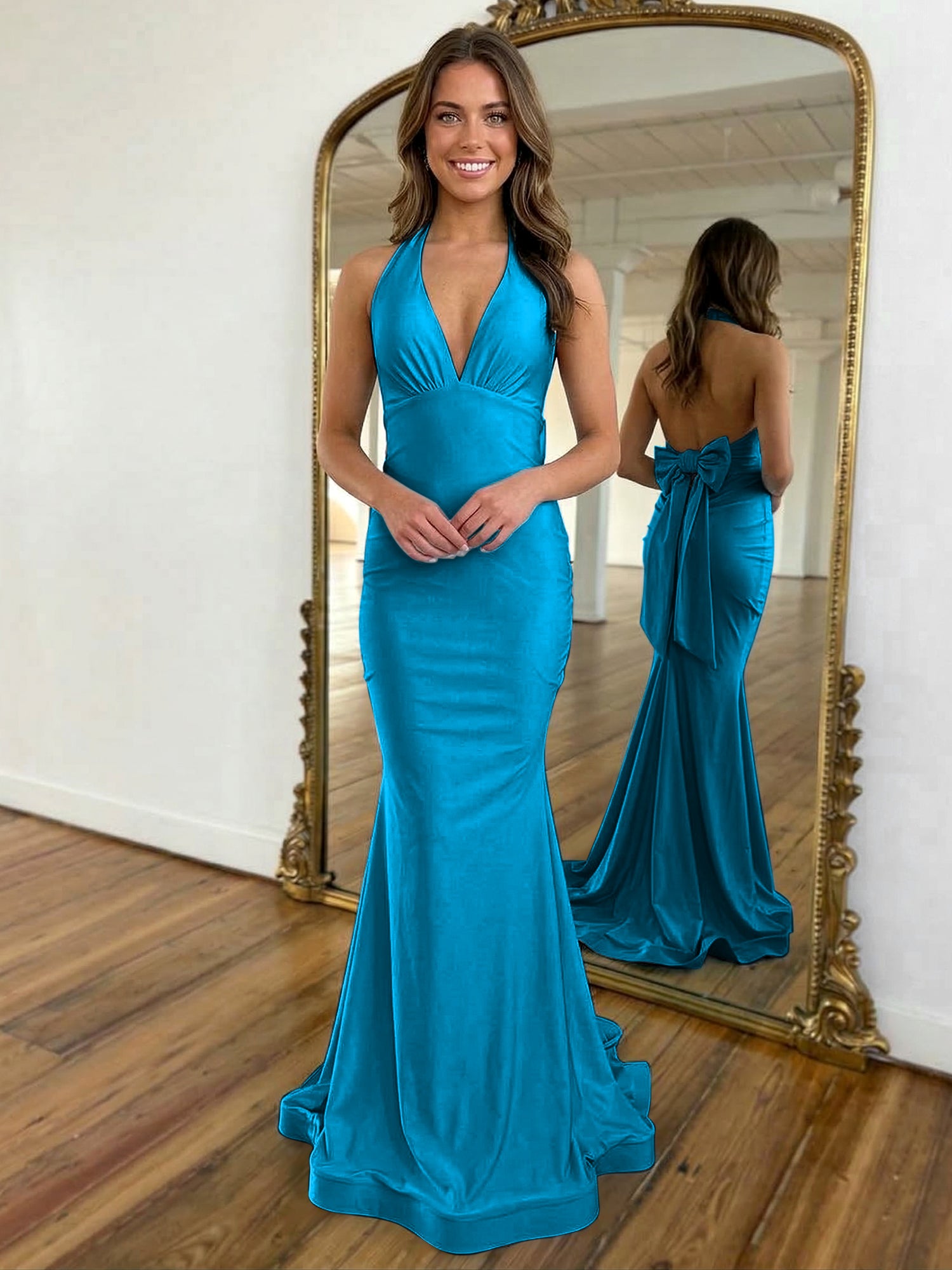 Light Blue Mermaid Halter Backless Long Prom Dress