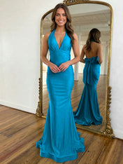 Light Blue Mermaid Halter Backless Long Prom Dress