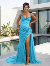 Gold Strapless Pearl-Embellished Corset Prom Dress with Slit