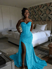 Glitter Strapless Mermaid Sequined Long Prom Dress with Slit