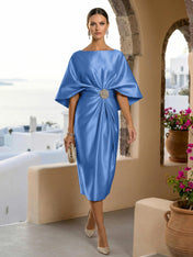 Half Sleeves Mermaid Satin Tea Length Long Evening Dresses with 3D Flower
