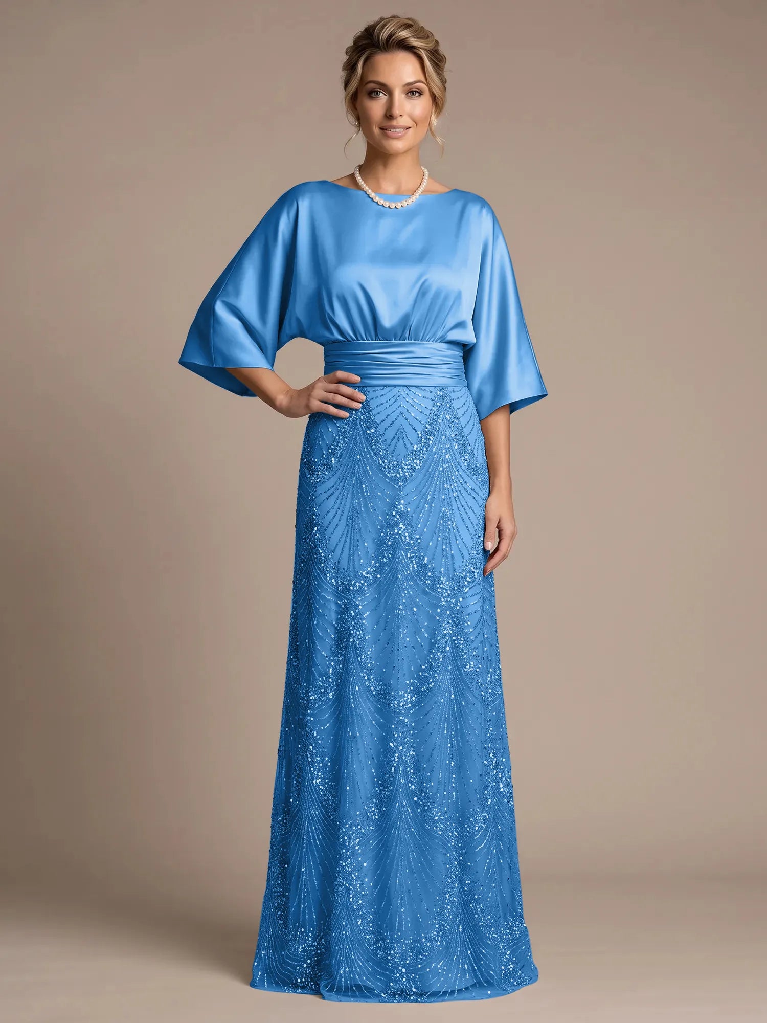 Bateau Neck Satin Evening Gown with 3/4 Batwing Sleeves Mother of The Bride Dresses