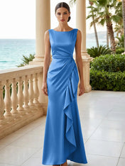 Dusty Blue Scoop Neck Evening Dress with Ruffle Mermaid Maxi Dress