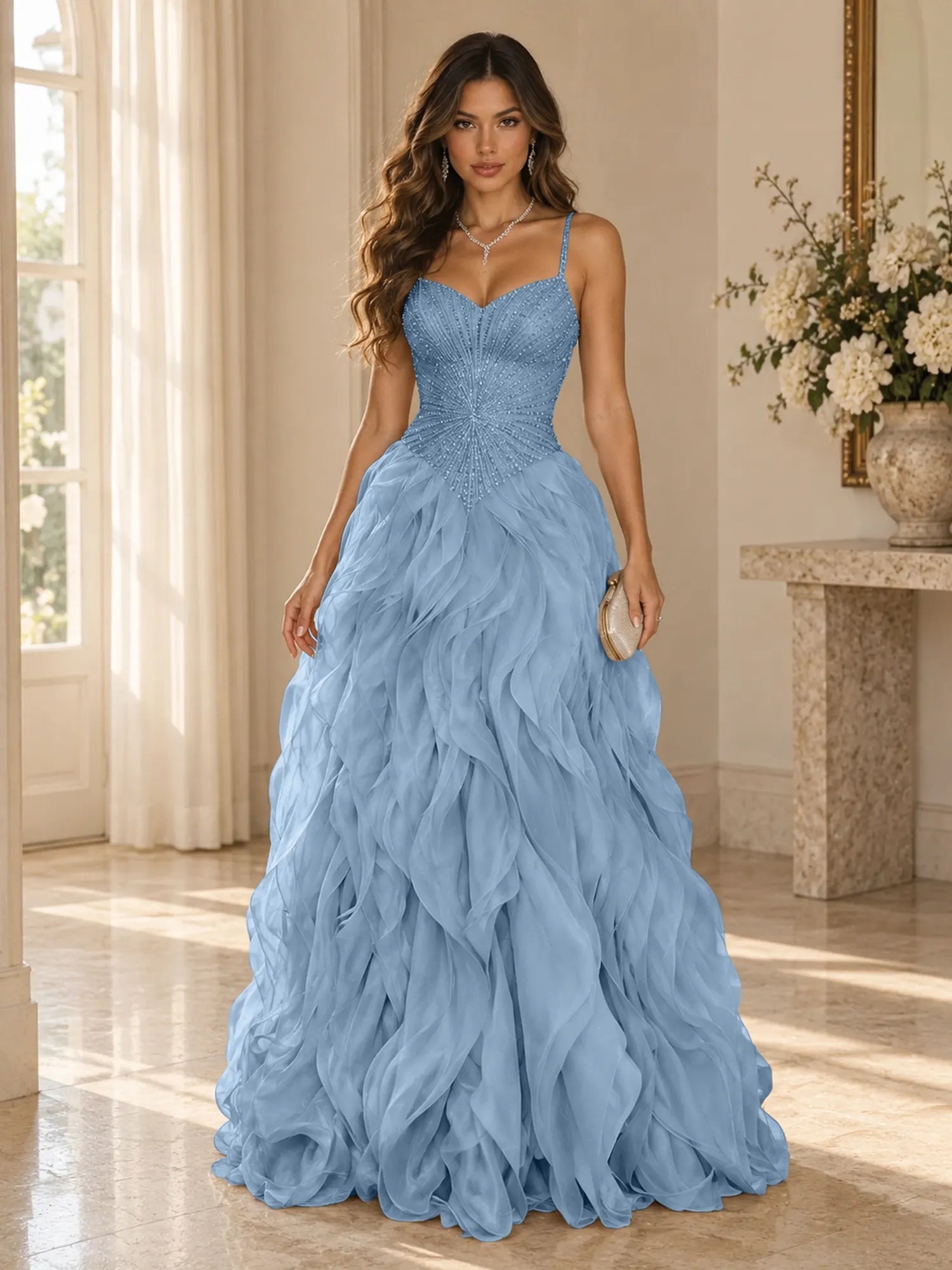 Elegant Beaded Spaghetti Strap Tiered Ruffle Ball Gown Evening Dress