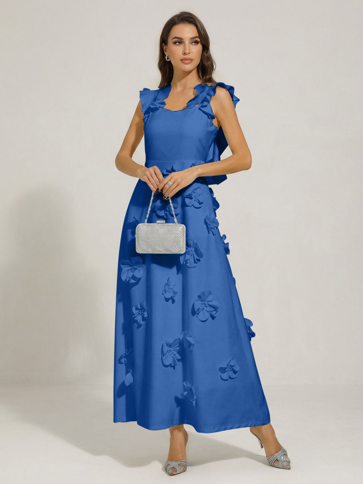 Chic White 3D Flowers A-Line Floor Length Stretch Crepe Dress with Pockets Maxi Dress