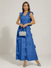 Chic White 3D Flowers A-Line Floor Length Stretch Crepe Dress with Pockets Maxi Dress