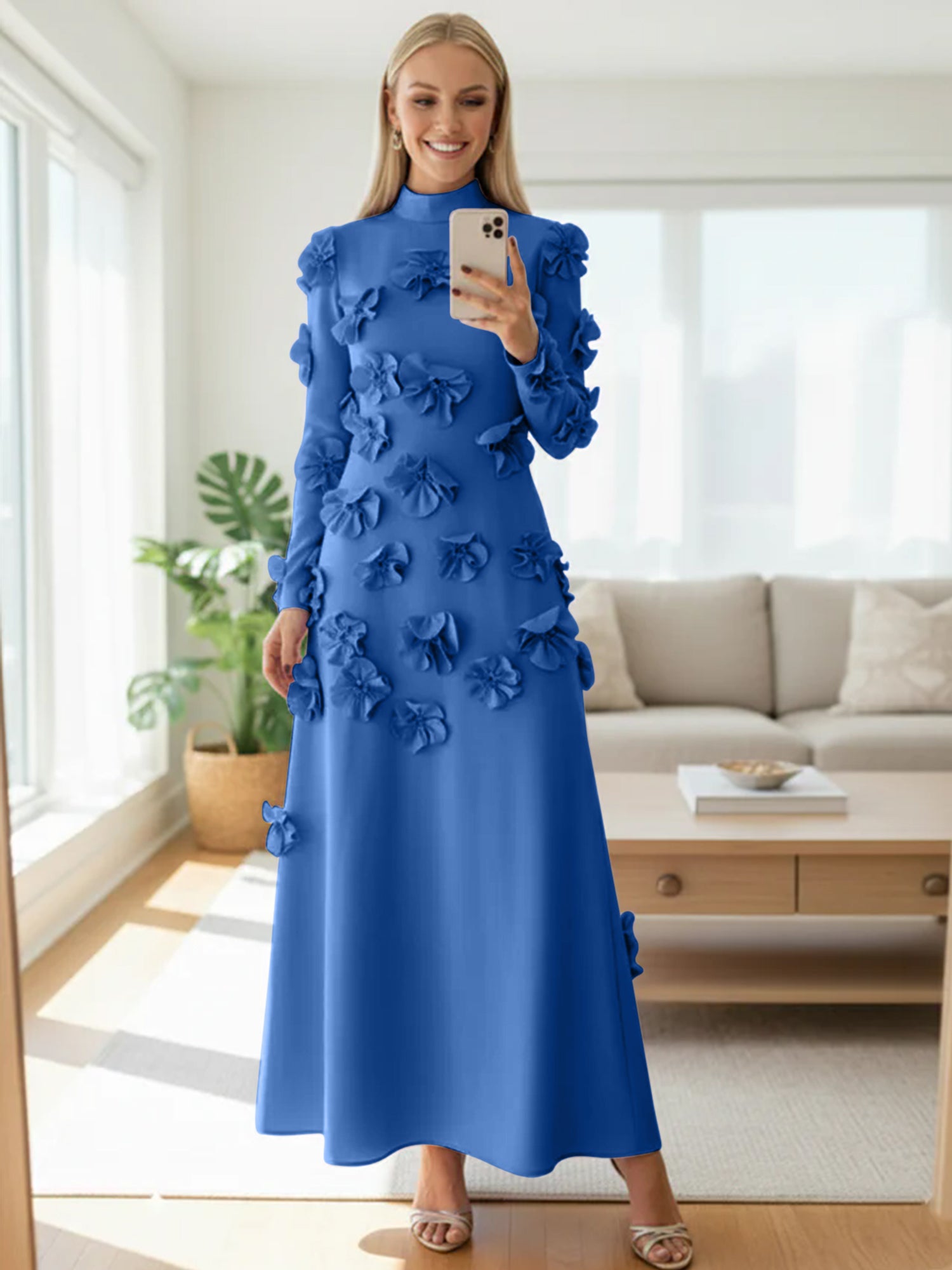 A Line High Neck Long Sleeves Floor Length Stretch Crepe Dress With 3D Flowers