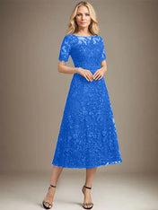 A-line Scoop Illusion Tea-Length Lace Mother of the Bride Dress With Sequins