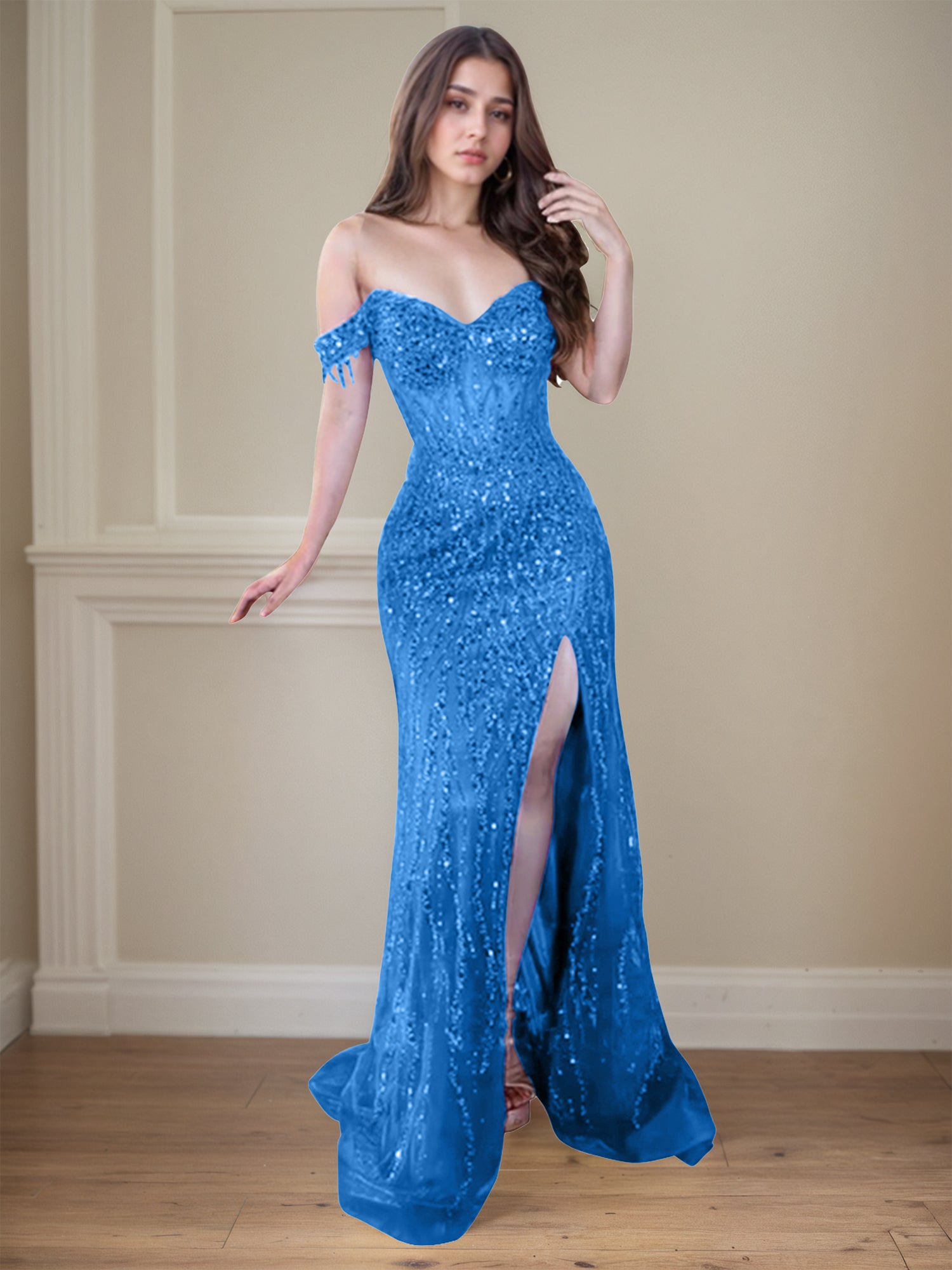 Red Off-the-Shoulder Beaded Tulle Long Prom Dress with Swirling Sequins