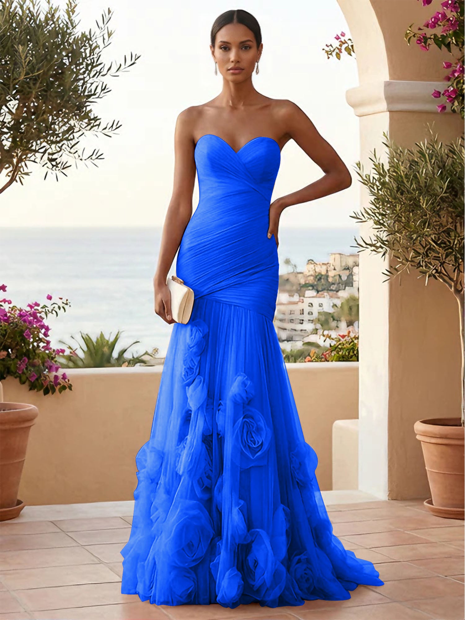 Sweetheart Tulle Pleat Mermaid Evening Dresses with 3D Flower