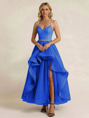 Black Tulle Ruffled A Line Long Formal Dress with Slit