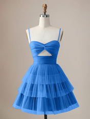 A Line Spaghetti Straps Short Tiered Homecoming Dress with Hollow Out