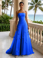 Light Blue Evening Dress with 3D Flower Strapless Pleat Maxi Dress
