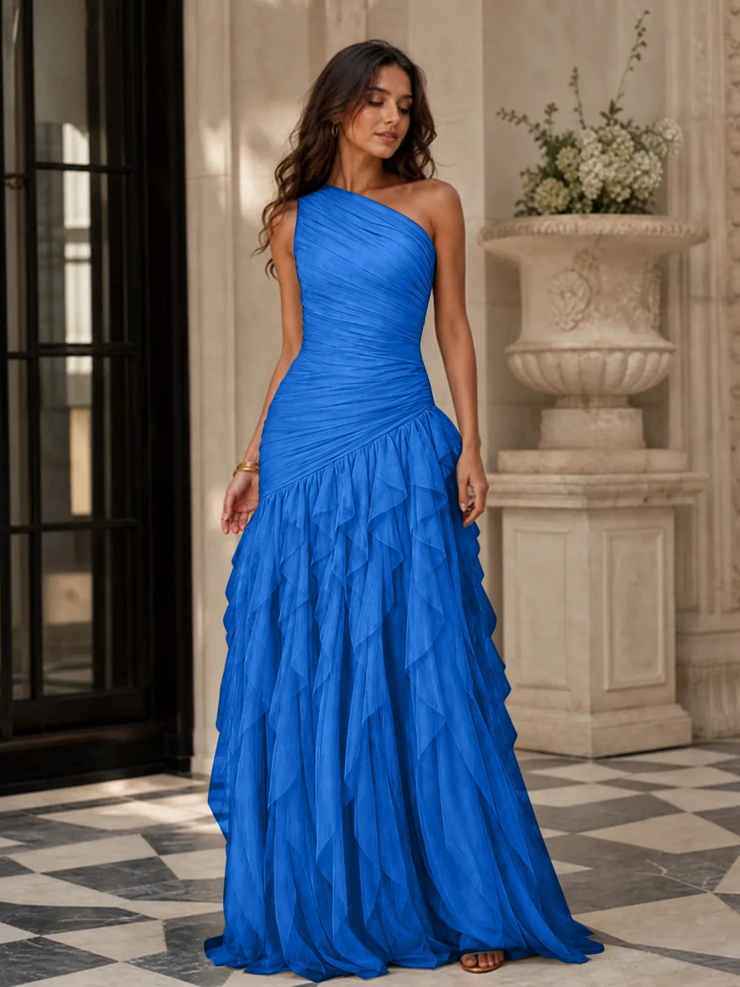Emerald Green One-Shoulder Ruched Asymmetric Ruffle Chiffon Floor-Length Gown Dress