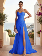 Strapless Sweetheart High Slit Tulle Pleat Prom Dress Evening Dresses