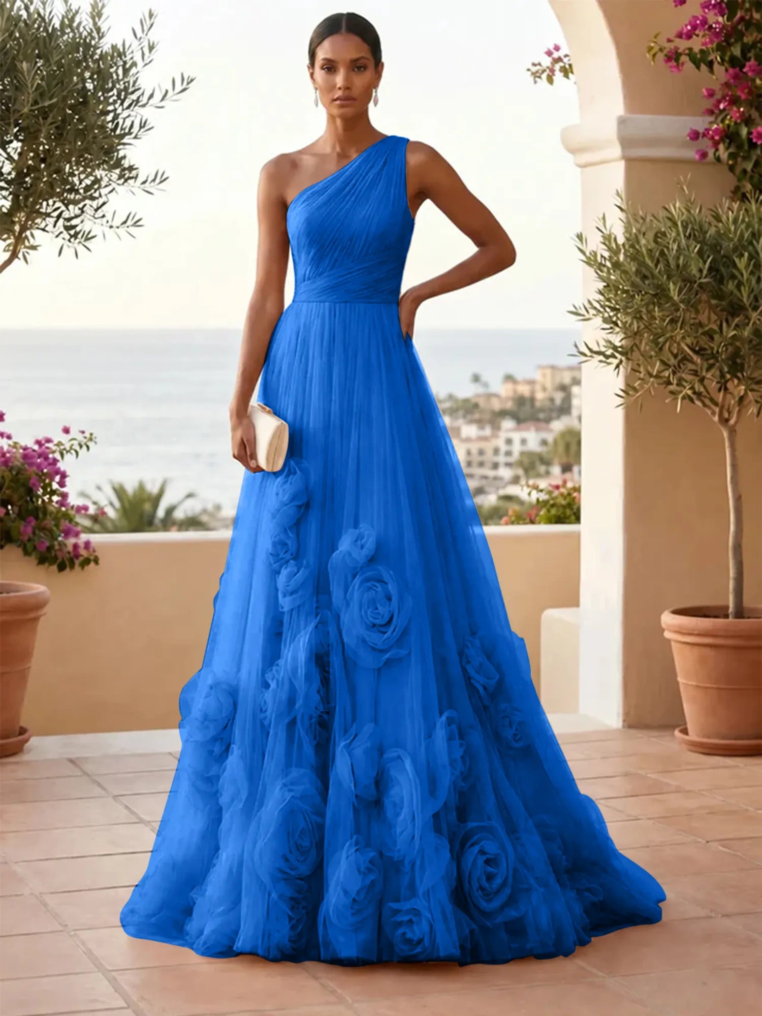 One-Shoulder Sweetheart Tulle Ball Gown with 3D Floral Accents Evening Dresses