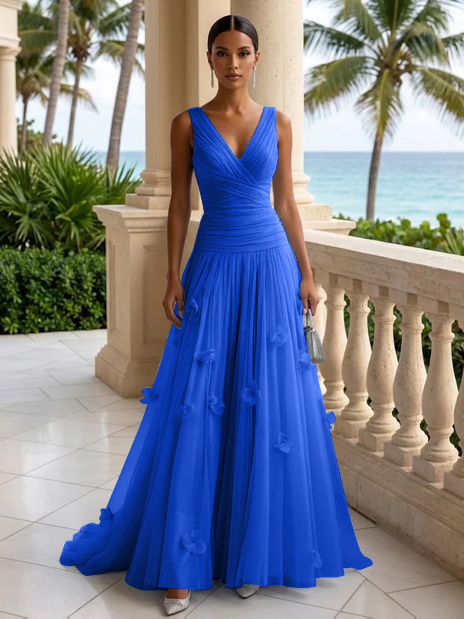 Light Blue Evening Dress with 3D Flower V Neck Pleat Maxi Dress